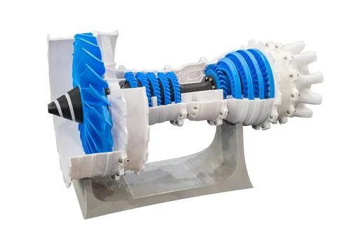 Jet engine model on plain white background, featuring intricate design, det.. 库存照片