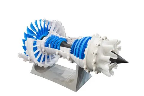 Jet engine model on plain white background, featuring intricate design, det.. Stock Photos