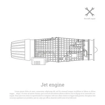 Jet engine in outline style. Part of aircraft. Side view of airplane Stock Illustration