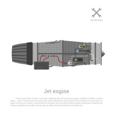 Jet engine. Part of aircraft. Side view. Isolated industrial blueprint Illustrazione stock