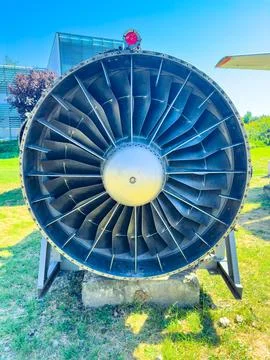 The jet engine stands upright on a stone base, surrounded by a grassy field a Foto stock