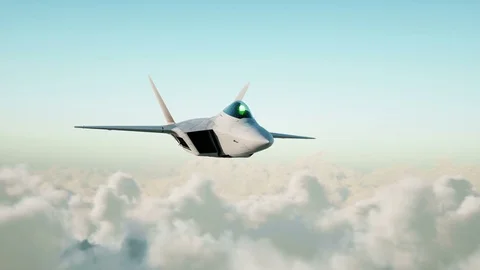 Jet f22, fighter flying over clouds . War and weapon concept. Realistic 4k anima Stock-Footage 76080257