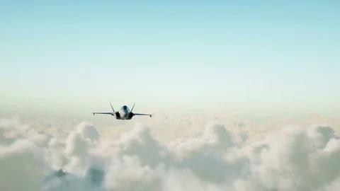 Jet f35, fighter flying over clouds . War and weapon concept. Realistic 4k  Stock Footage