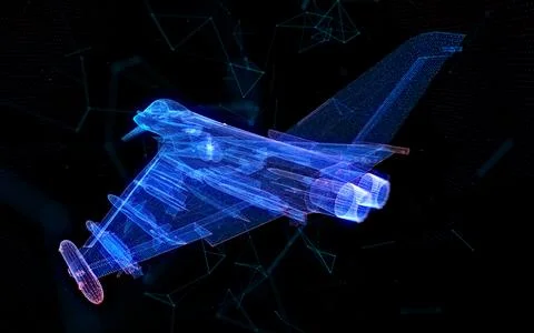Jet in flight from polygonal line. Low poly air plane in glow lines and Illustrazione stock