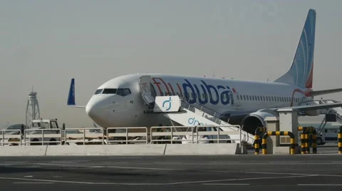 The jet of Flydubai airline on the platform Stock Footage 62808787