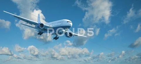 Jet plane in a blue cloudy sky Stock Photos