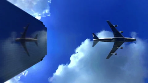 Jet plane flying low over commercial office building skyscraper Stock Footage