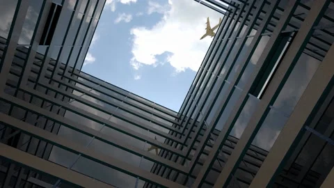 Jet Plane Flying Over Office Building Stock Footage 167188933