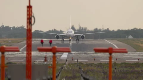 Jet plane front view on runway Stock Footage 327593146