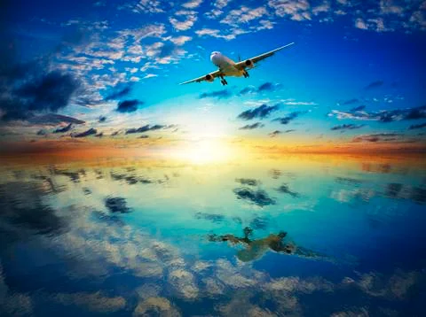 Jet plane over the water surface at dusk Ilustração Stock