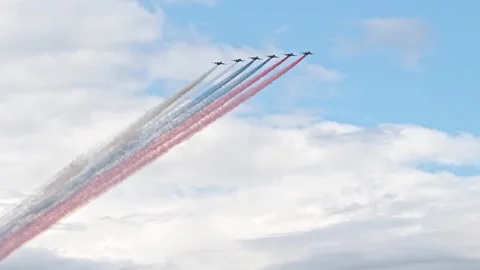 Jet planes flying in the sky witn smoke trails in colors of Russian flag. Stock Footage 203976969