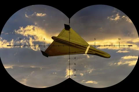 Jet powered Shahed attack drone observed through an optical sight against a.. Stock Photos