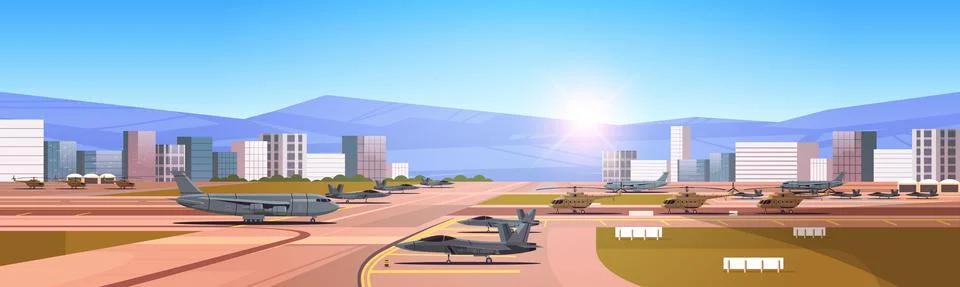 Jet-powered strategic bomber planes special battle transport on military airport Stock Illustration