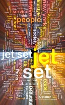 Jet set wordcloud concept illustration glowing Stock Illustration