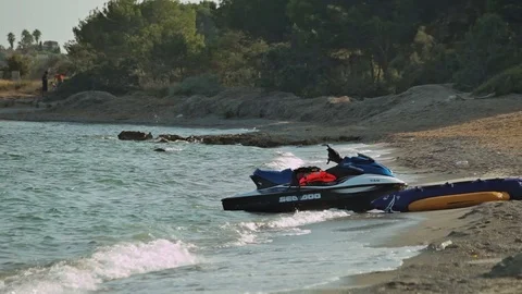 Jet ski on the beach on the beach. Spanish beaches in Mallorca Stock Footage 75615767
