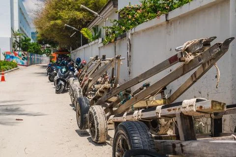 Jet Ski Trailers Lined Along a Tropical Street in Chaweng Stock Photos