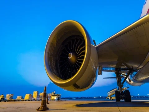 Jet turbine engine at twilight sky Video stock 76239931