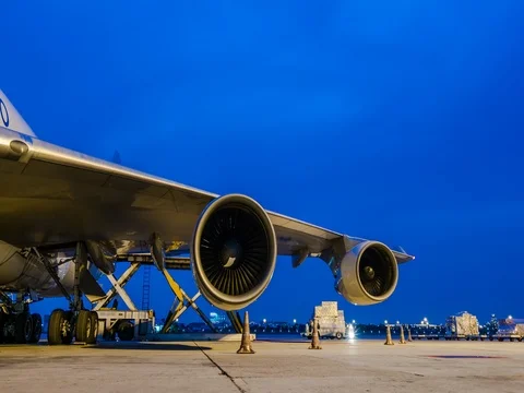 Jet turbine engine at twilight sky Video stock 76240026