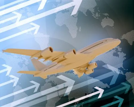 Jet with world map and arrows Stock Illustration