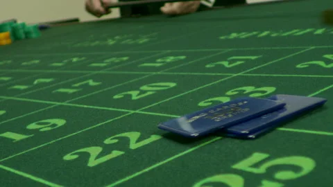 Jetons are put down by hand on the green roulette table in slow motion Stock Footage 219644488