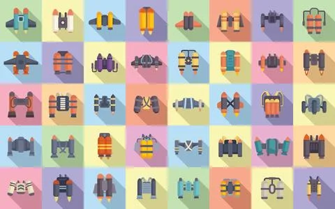 Jetpack icons set flat vector. Kid fly Stock Illustration