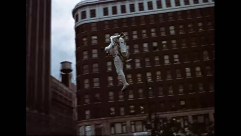 Jetpack Man Takes Off And Flies Through City Stock Footage 170469032