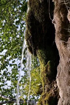 Jets of clean and cold spring water of the Plakun waterfall on the right bank Stock Photos