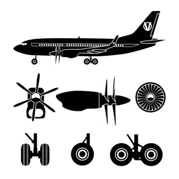 Jets constructor. Black silhouettes aircraft parts. Repair of airplane Stock Illustration