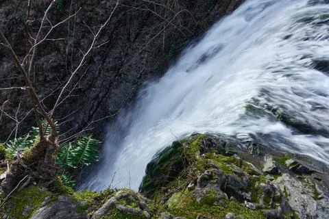 The jets of the waterfall fall into a mountain river flowing over mossy rocks Stock Photos