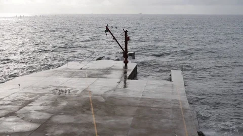 Jetty with red crane, in rough sea, front view Stock Footage 101174631