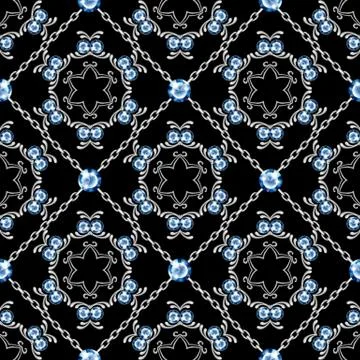 Jewelry background. Seamless pattern with silver chains and gemstones Stock Illustration