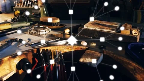 Jewelry bench showing tools, bright square appearing and forming node web 動画素材 332542953