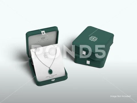 Jewelry Box Mockup with Stacked Packaging and Necklace Display 3D Rendering PSD Template