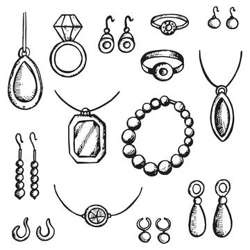 Jewelry luxury items objects set vector sketches Stock Illustration