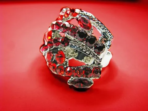 Jewelry ring with red ruby crystals 스톡 사진