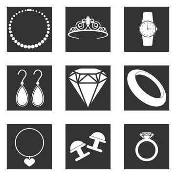 Jewelry set on a dark background. Includes Badges Such As Ring, Bracelet, Ear Stock Illustration