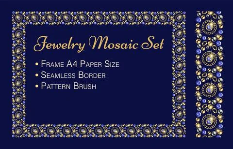 Jewelry set with rectangular mosaic frame, seamless border, pattern brush. 스톡 일러스트