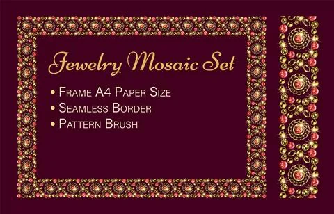 Jewelry set with rectangular mosaic frame, seamless border, pattern brush. Illustrazione stock