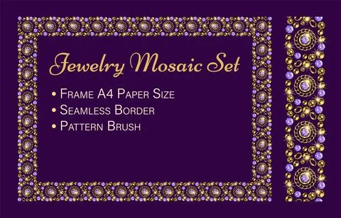 Jewelry set with rectangular mosaic frame, seamless border, pattern brush. Illustrazione stock