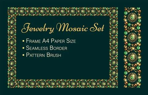 Jewelry set with rectangular mosaic frame, seamless border, pattern brush Illustrazione stock