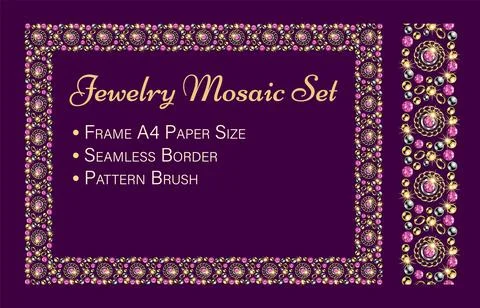 Jewelry set with rectangular mosaic frame, seamless border, pattern brush. Stock Illustration