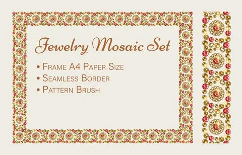 Jewelry set with rectangular mosaic frame, seamless border, pattern brush. Illustrazione stock
