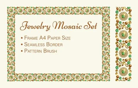 Jewelry set with rectangular mosaic frame, seamless border, pattern brush. Illustrazione stock