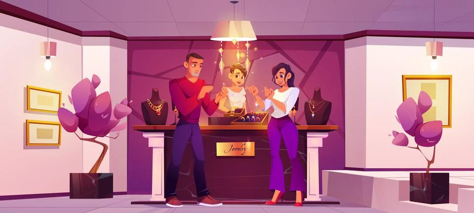 Jewelry shop with people buy gold chain and ring Stock Illustration