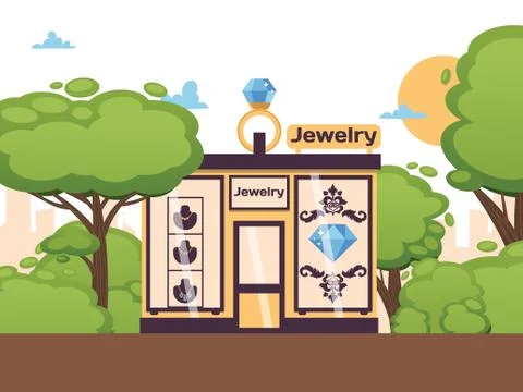 Jewelry store in park outdoor, vector illustration. Gemstone shop building Ilustración de archivo