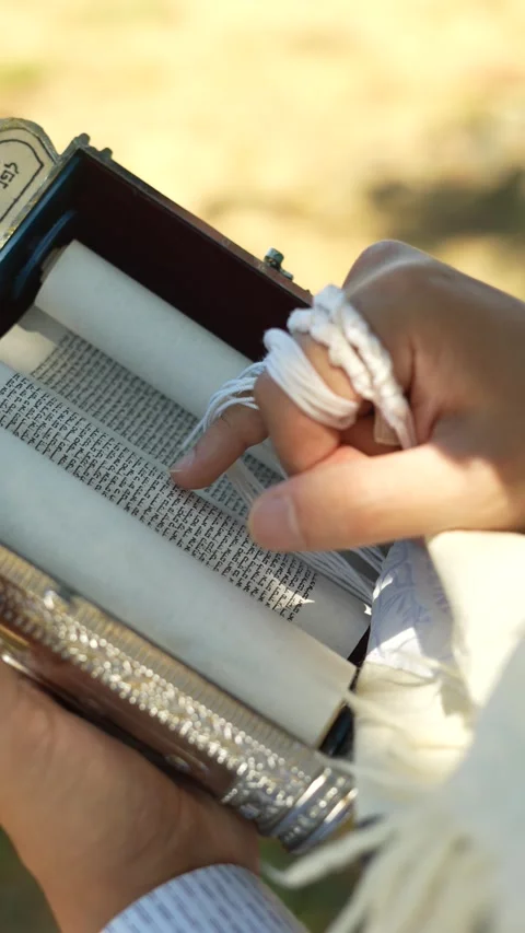 Jewish hands holding tzitzit while reading Torah scroll, close-up, vertical Stock Footage 285676138