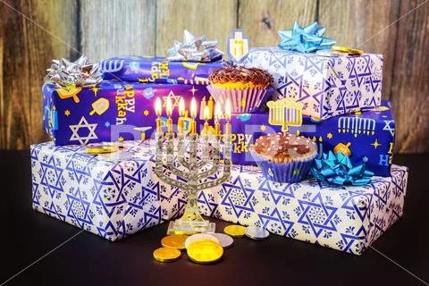 Jewish Holiday Hanukkah Festive Composition For On Dark Background