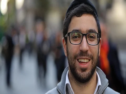 Jewish man in city serious to smile happy face portrait Stock Footage