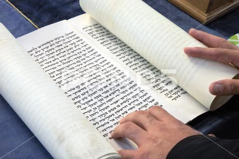 Jewish Rabbi reads The Megillah Scroll (Book of Esther) Stock Photos