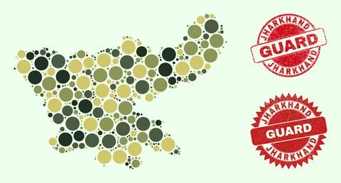Jharkhand State Map Collage with Camo Military Round Items with Grunge Guard Stock Illustration